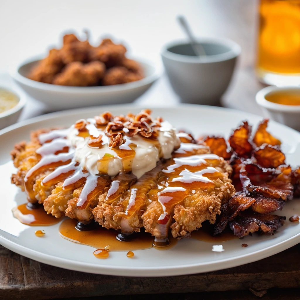 Golden brown chicken fried steak with crispy bacon and a drizzle of vibrant orange hot honey on a white plate