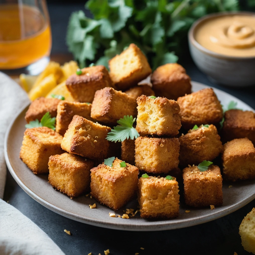 Golden chicken bites drizzled with amber hot honey butter sauce, scattered with golden cornbread croutons on a rustic plate.