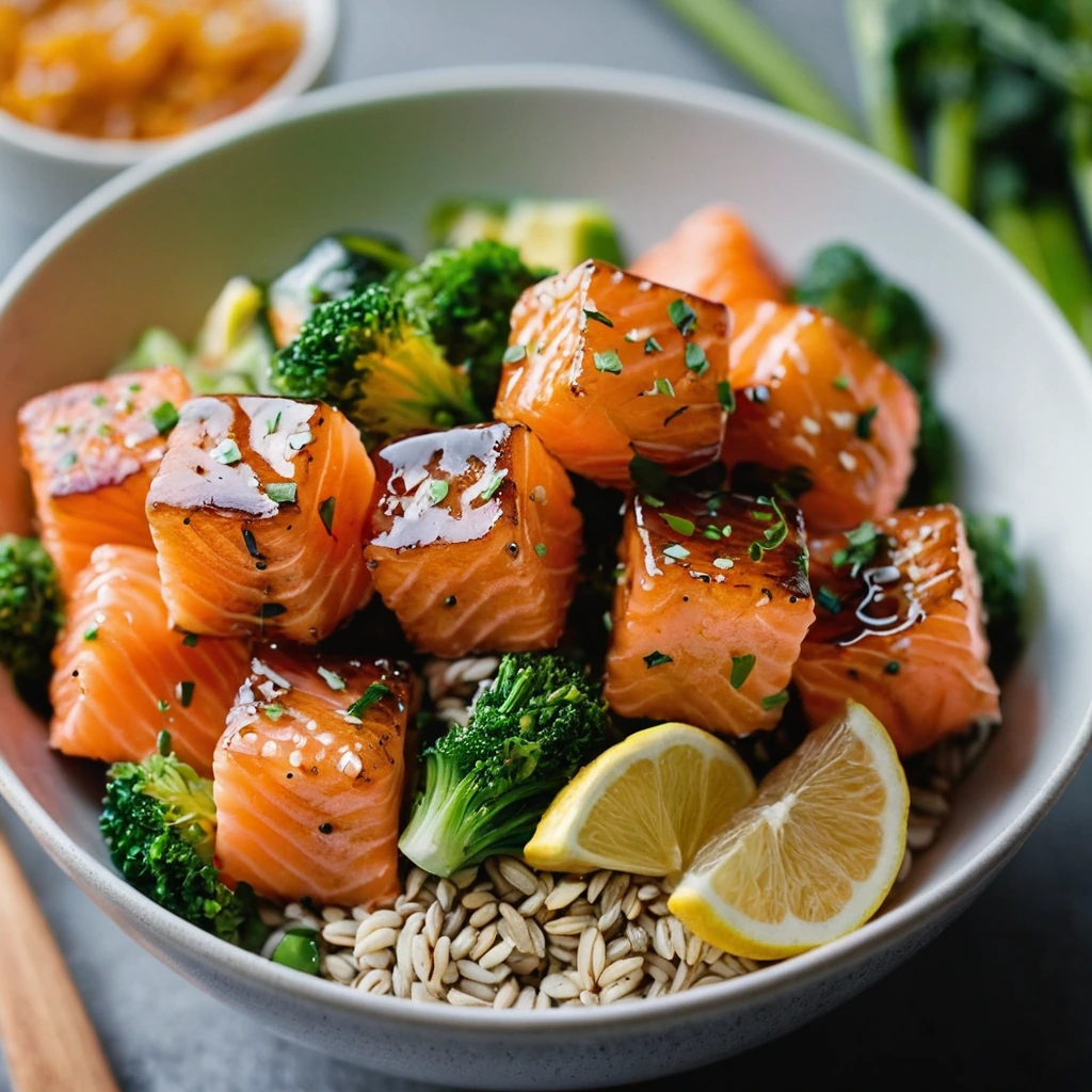 A bowl with golden salmon bites, colorful veggies, and a drizzle of spicy honey butter sauce.