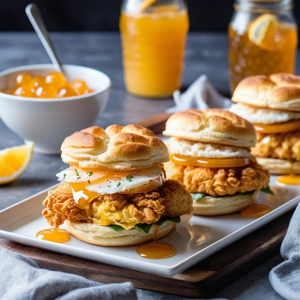 Golden biscuits topped with crispy chicken, fluffy eggs, and a drizzle of vibrant orange hot honey.