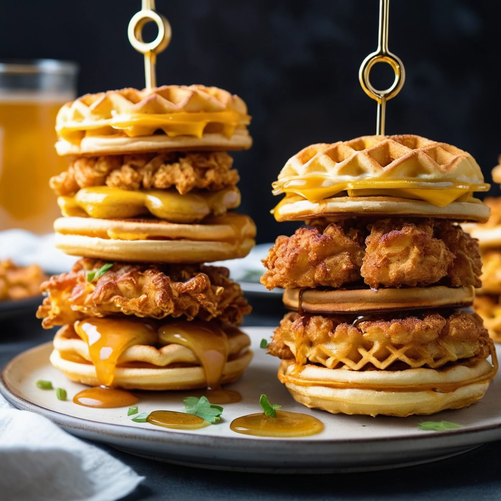 Stacked sliders with golden waffles, juicy chicken patties, and a drizzle of hot honey.