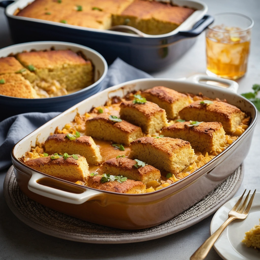 golden cornbread topped with crispy chicken pieces and a drizzle of hot honey sauce in a casserole dish