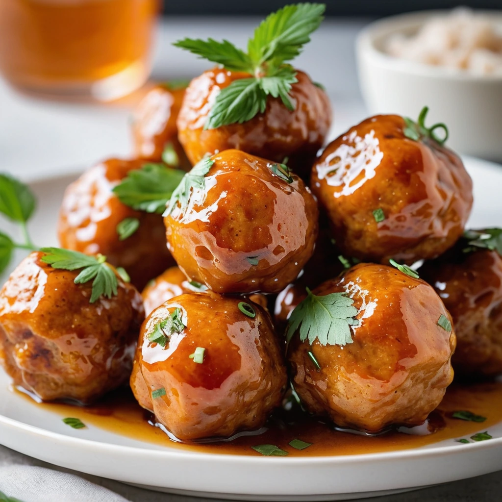Golden brown chicken meatballs glistening with a vibrant orange-hued hot honey glaze, arranged on a white plate.