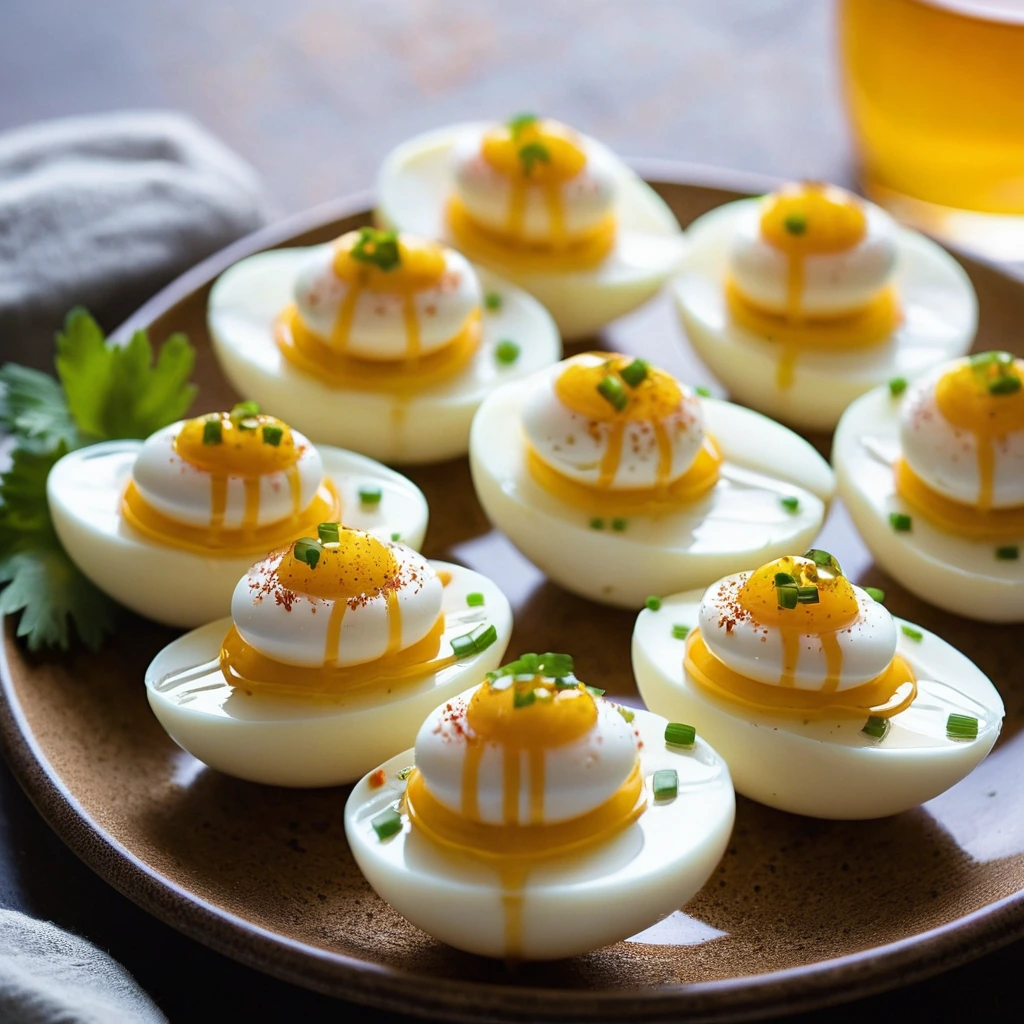 A platter of halved hard-boiled eggs filled with yellow yolk mixture and drizzled with amber hot honey.