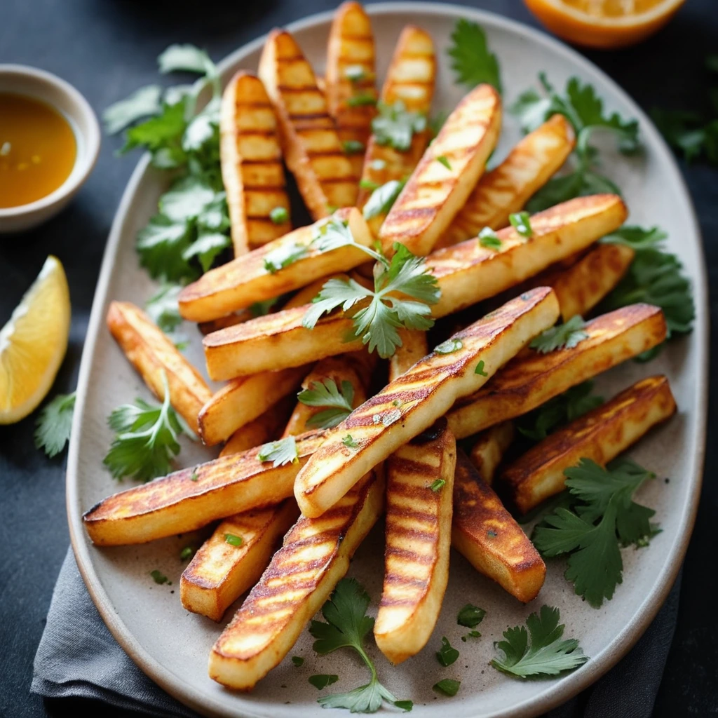 Platter of golden halloumi fries with a glossy orange-red drizzle, garnished with fresh parsley.