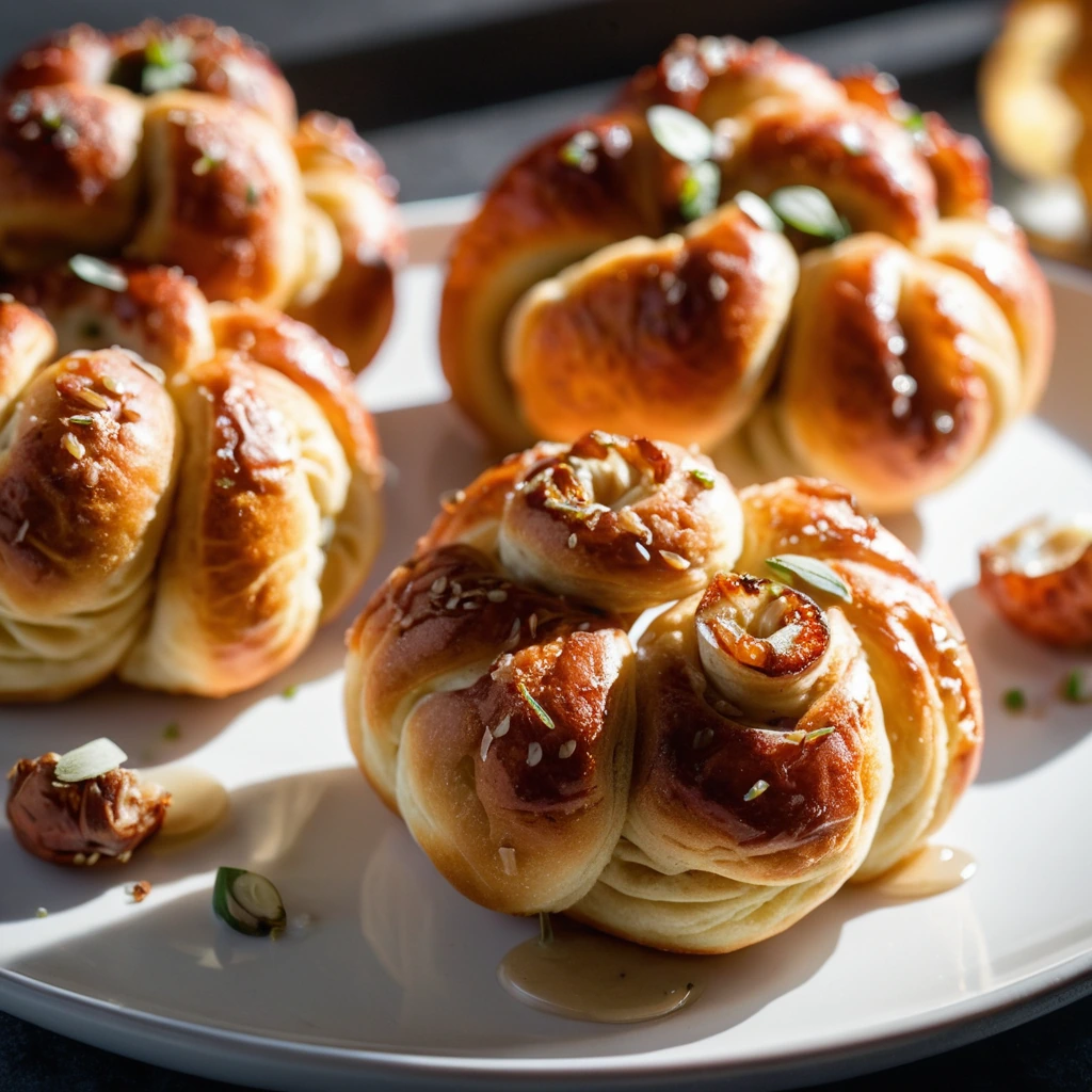 Golden garlic knots on a white plate with a drizzle of spicy honey and scattered pepperoni slices.