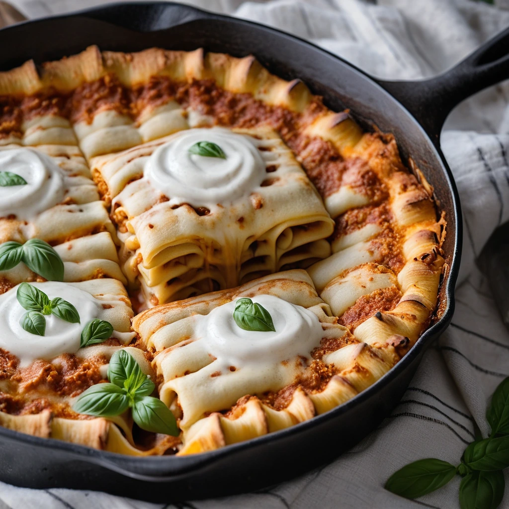 Golden-brown lasagna rolls in a bubbling skillet, topped with melted mozzarella and a drizzle of hot honey.