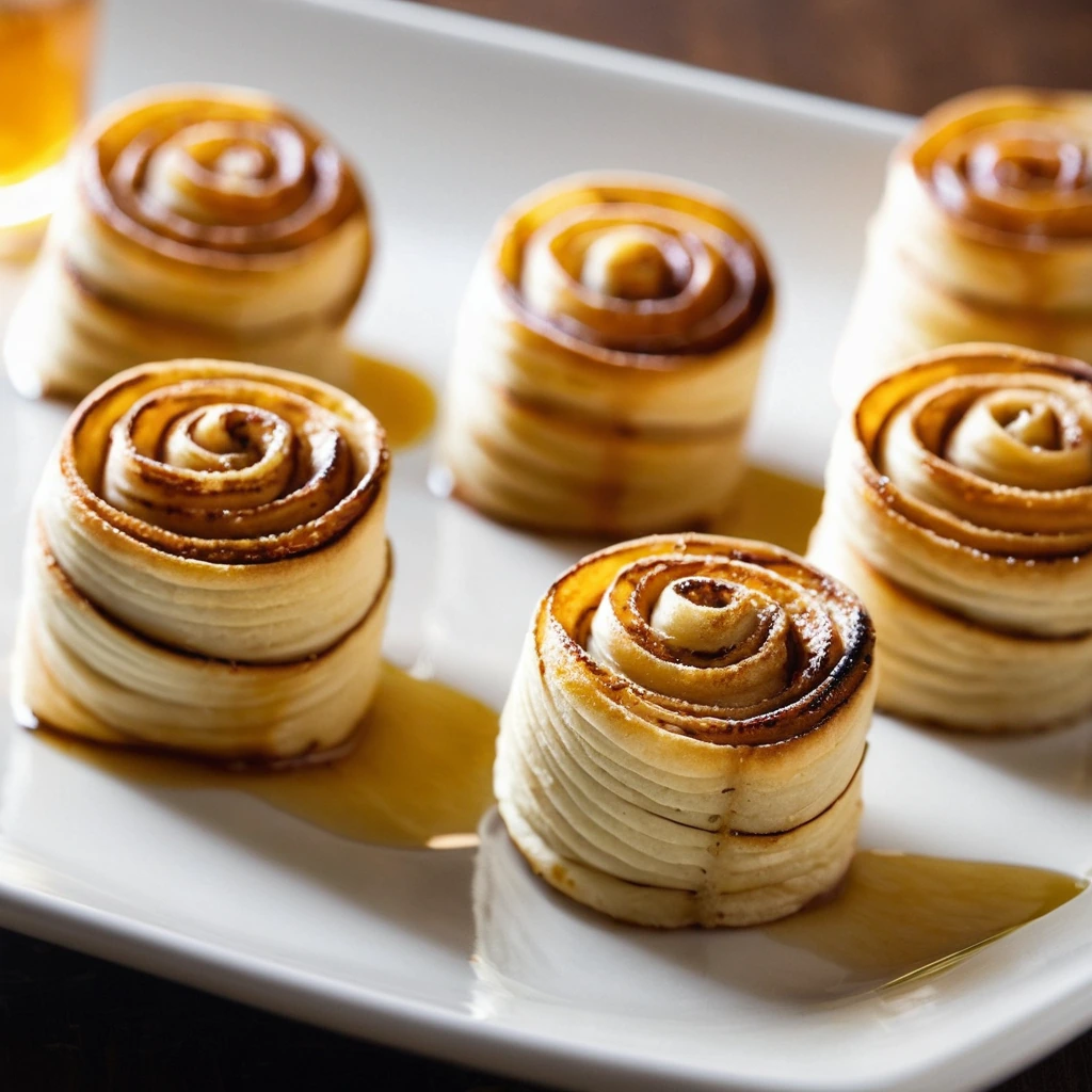 Golden pinwheel appetizers with a drizzle of hot honey on a white plate.