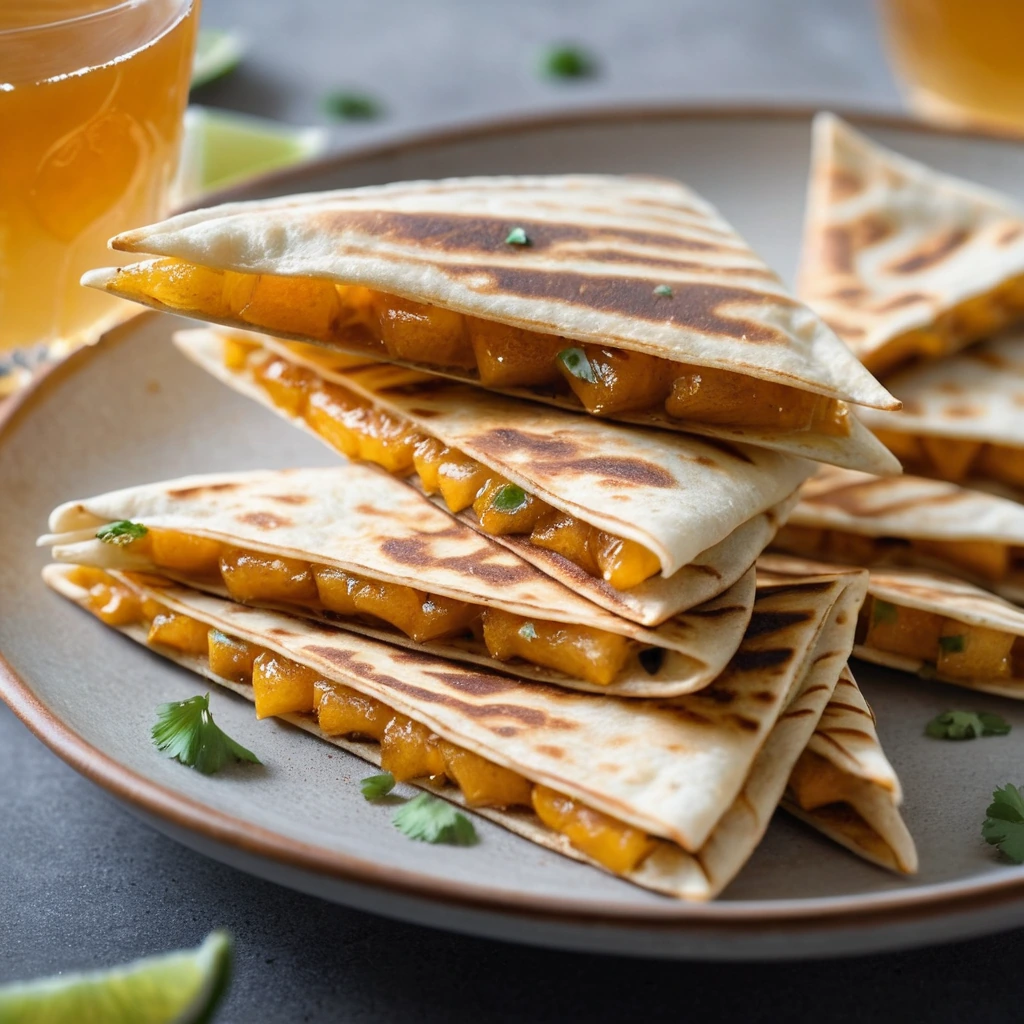 Eight golden quesadilla wedges fanned out on a plate with a drizzle of amber hot honey.