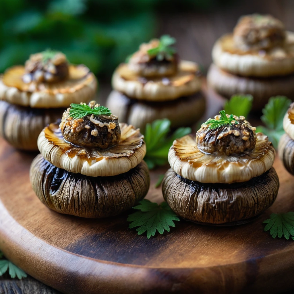 Mushroom caps filled with creamy cheese and drizzled with amber hot honey, arranged on a rustic wooden board.