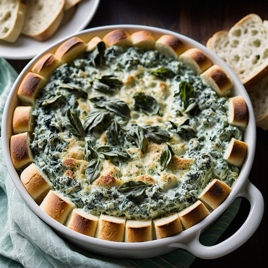 golden toasted baguette slices surrounding a bubbling golden-brown dip in a baking dish