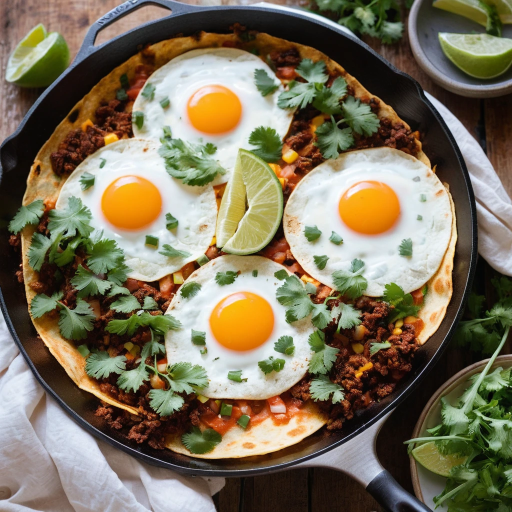 Colorful skillet with sunny-side-up eggs atop golden crispy tortillas, covered in red sauce and garnished with fresh cilantro.