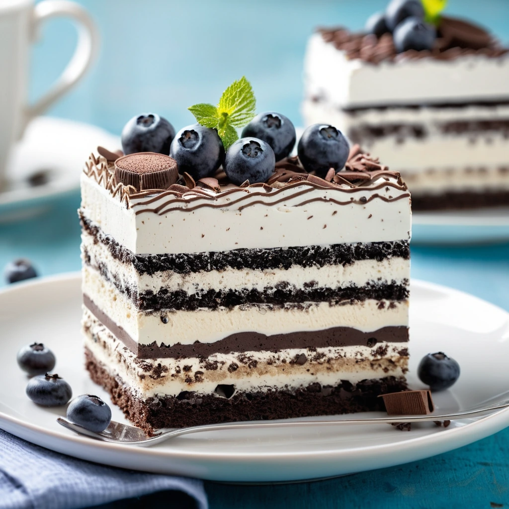 Slices of a creamy white and chocolate layered dessert in a glass dish, garnished with chocolate crumbs.