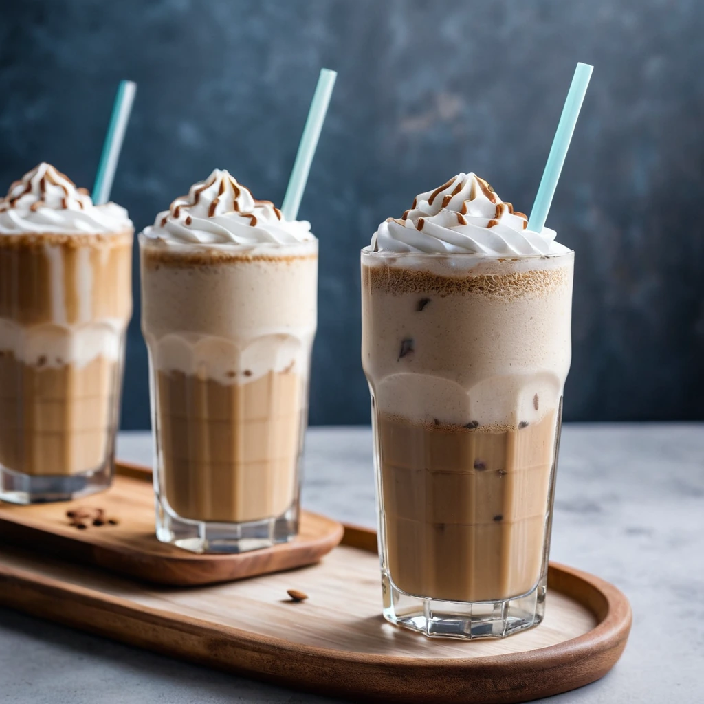 Tall glass with a creamy latte layered over coffee ice cubes, topped with a drizzle of brown sugar syrup.