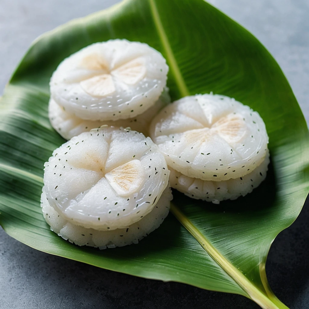 Stacked white rice cakes on a banana leaf with a hint of steam rising