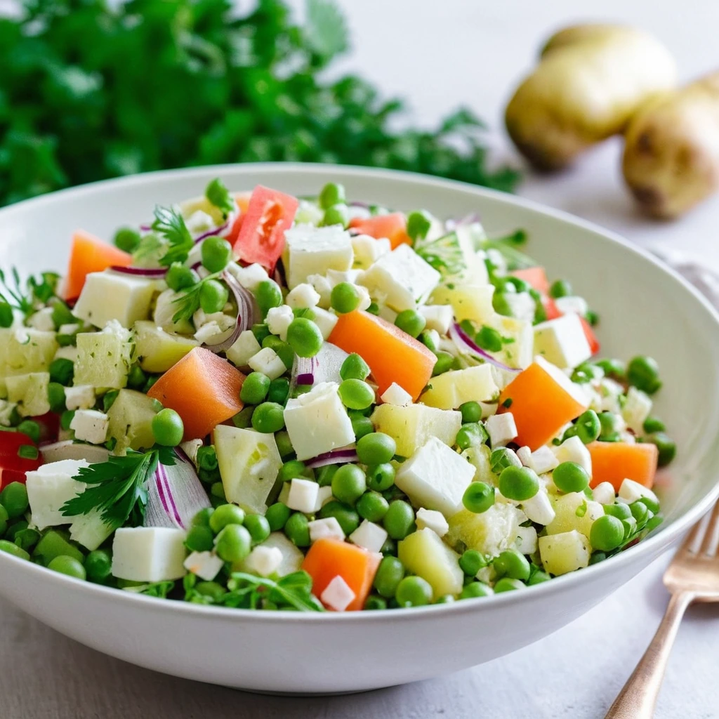 Vibrant Russian salad in a white bowl with diced potatoes, carrots, peas, and eggs, topped with a sprinkle of fresh herbs.