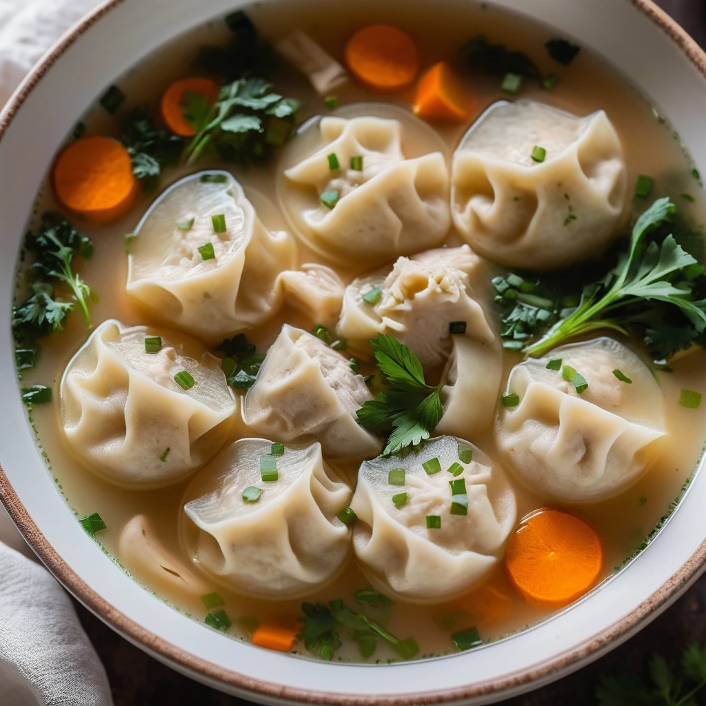 A steaming bowl of golden chicken soup with fluffy white dumplings.
