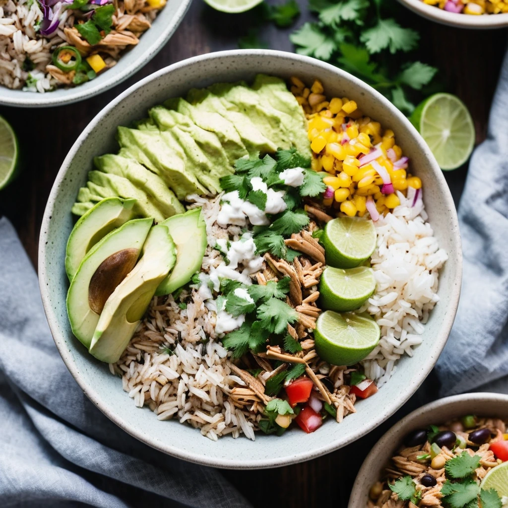 Colorful burrito bowls with shredded chicken, rice, beans, and salsa in a shallow bowl.