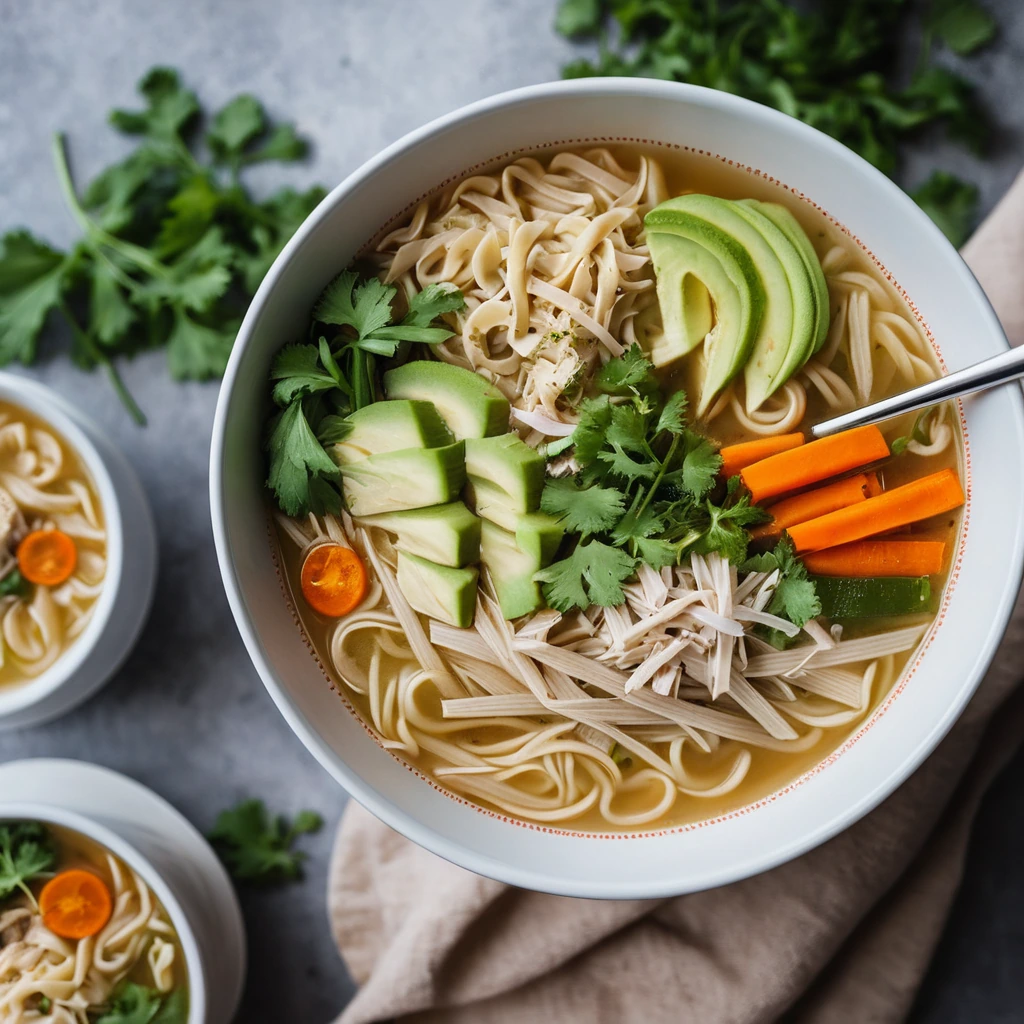 Steamy bowl of golden chicken noodle soup with shredded chicken and veggies.