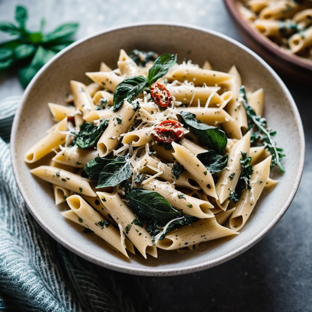 Creamy pasta in a bowl with chicken, kale, and sun-dried tomatoes, topped with Parmesan cheese.