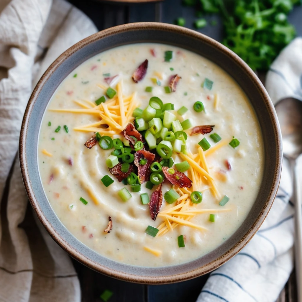 Steamy bowl of creamy soup with shredded cheese, green onions, and crispy bacon on top