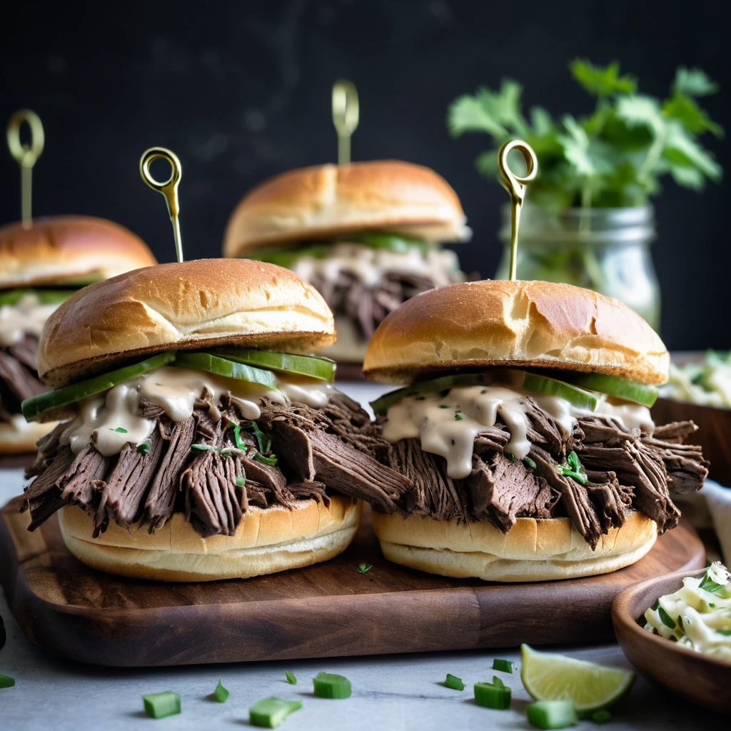 Slices of juicy beef on toasted buns, topped with melted cheese and green onions, drizzled with creamy sauce.