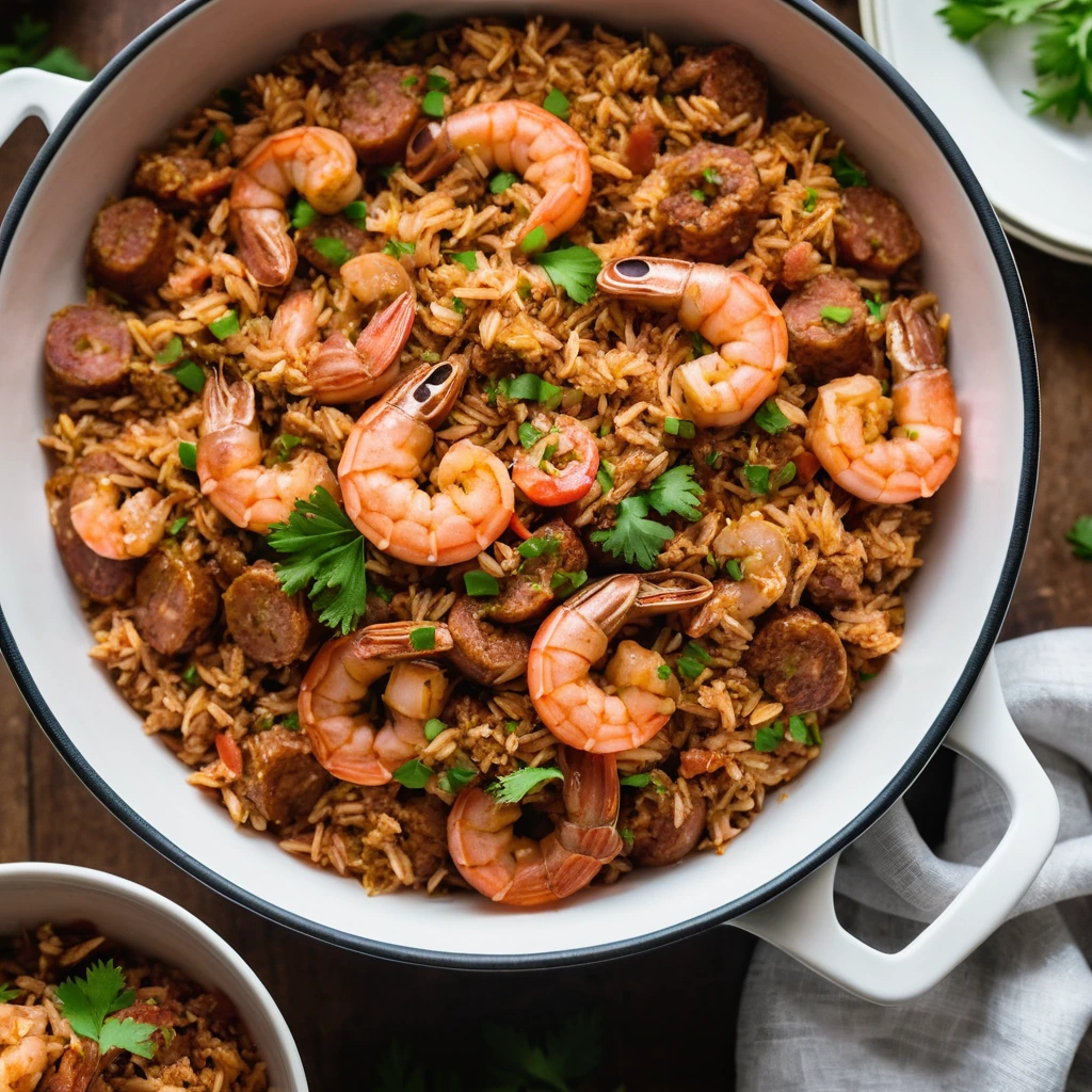 Golden jambalaya in a serving bowl with plump shrimp and slices of sausage scattered throughout.
