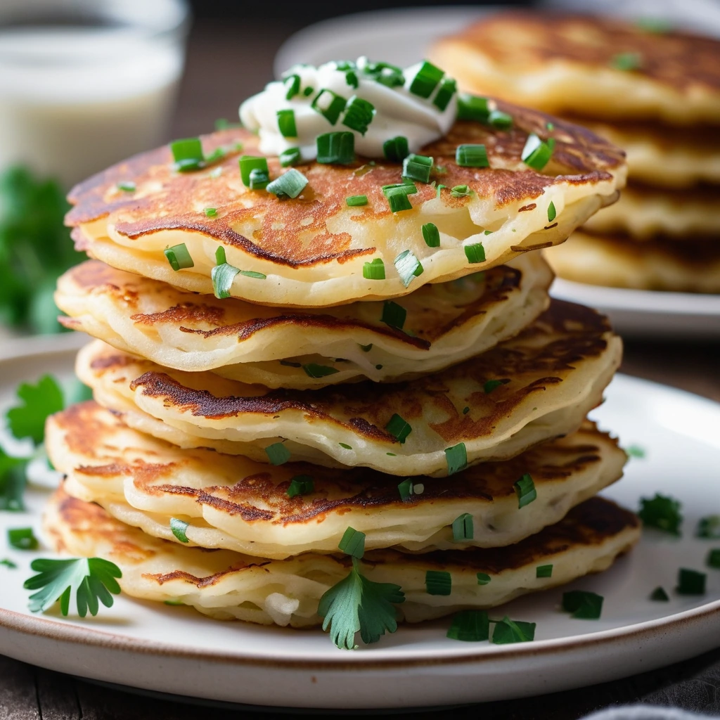 Stack of golden brown potato pancakes with a sprinkle of fresh chives on a white plate.