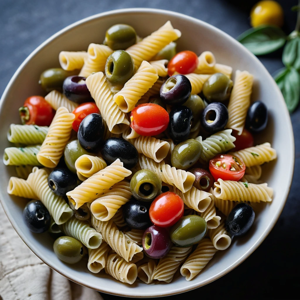 Colorful pasta in a bowl with olives, bell peppers, and cheese on top.