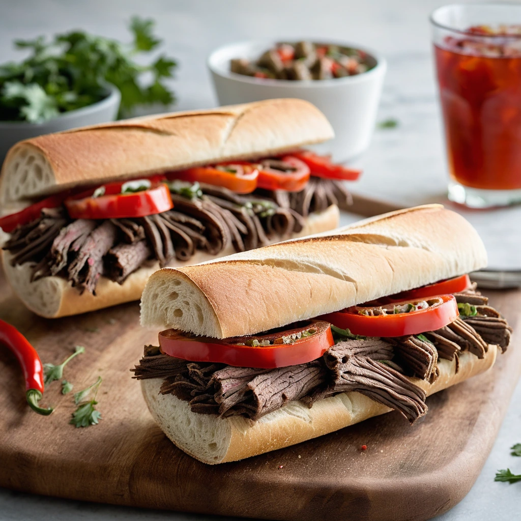 Toasted sub rolls stuffed with thinly sliced beef and roasted red peppers, garnished with fresh parsley.