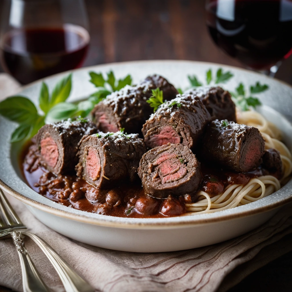 golden beef rolls nestled in a deep red wine sauce in a rustic serving dish