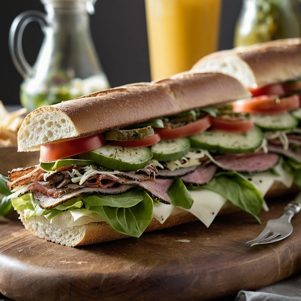 A toasted hoagie roll overflowing with chopped meats, cheese, and vegetables, drizzled with vinaigrette.