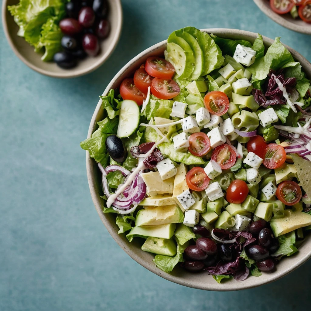Colorful bowl of chopped lettuce, salami, pepperoni, olives, and cheese with a drizzle of Italian dressing