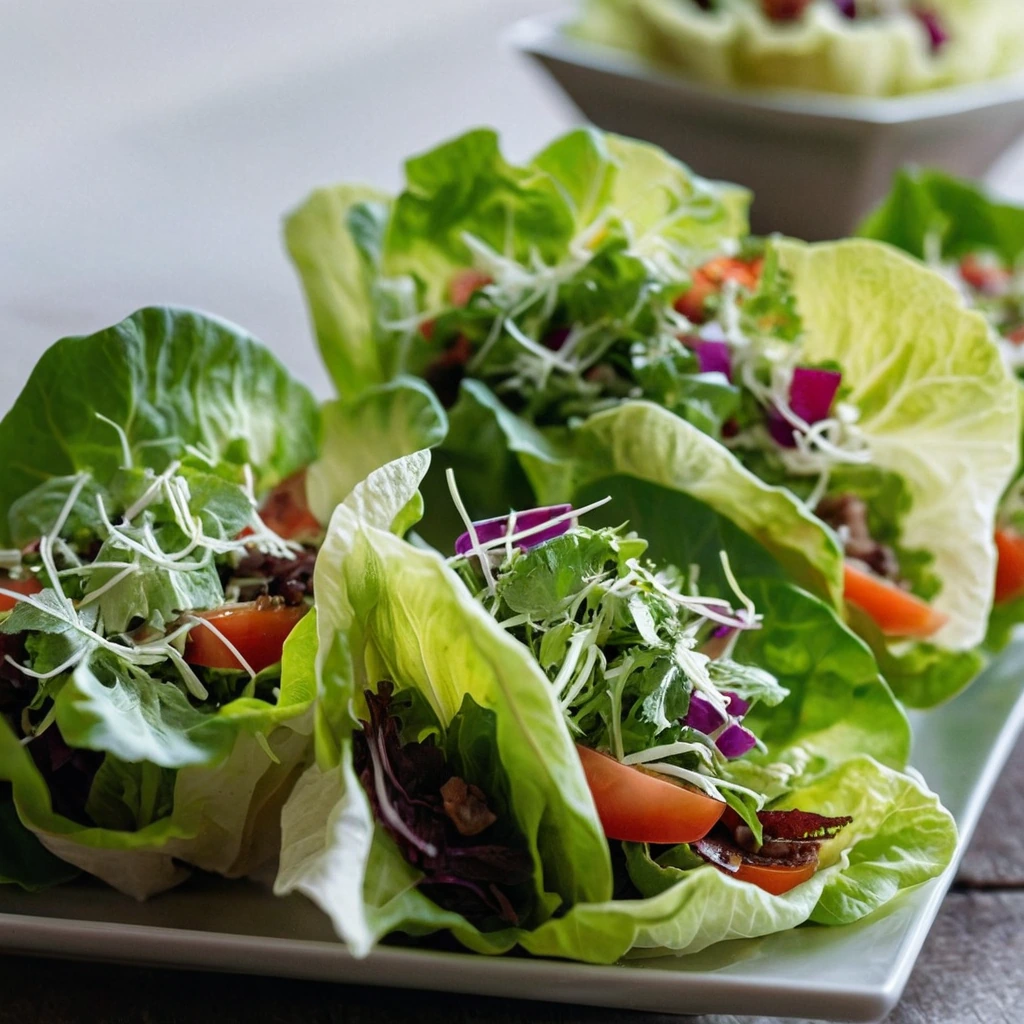 Colorful lettuce cups filled with layers of meats, cheeses, and veggies drizzled with vinaigrette.