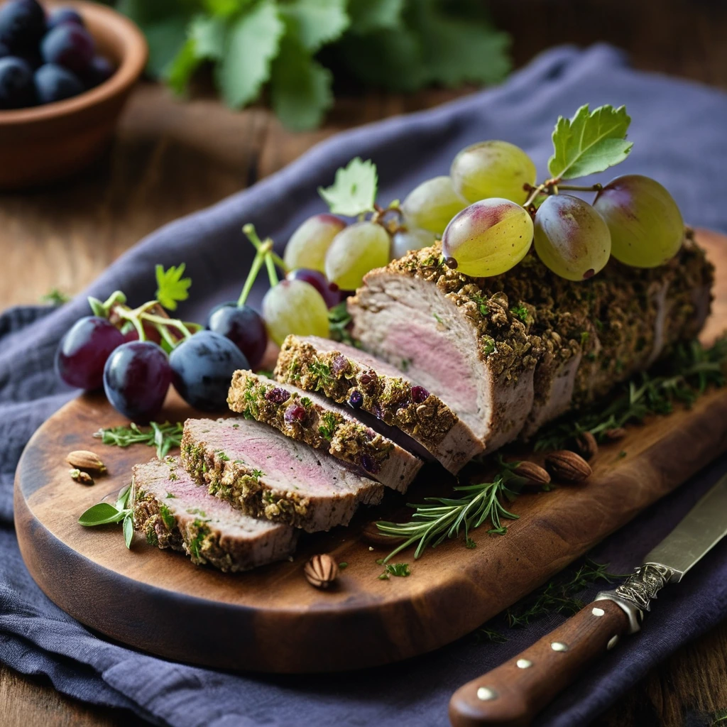 Golden-brown pork loin sprinkled with green herbs and plump purple grapes on a rustic wooden board.