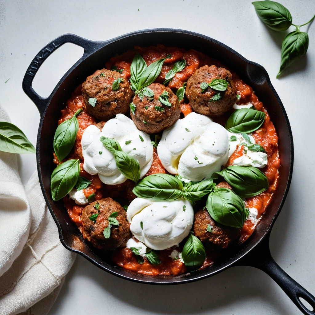 A rustic skillet with golden-brown meatballs in a vibrant tomato sauce, topped with creamy burrata and fresh basil leaves.