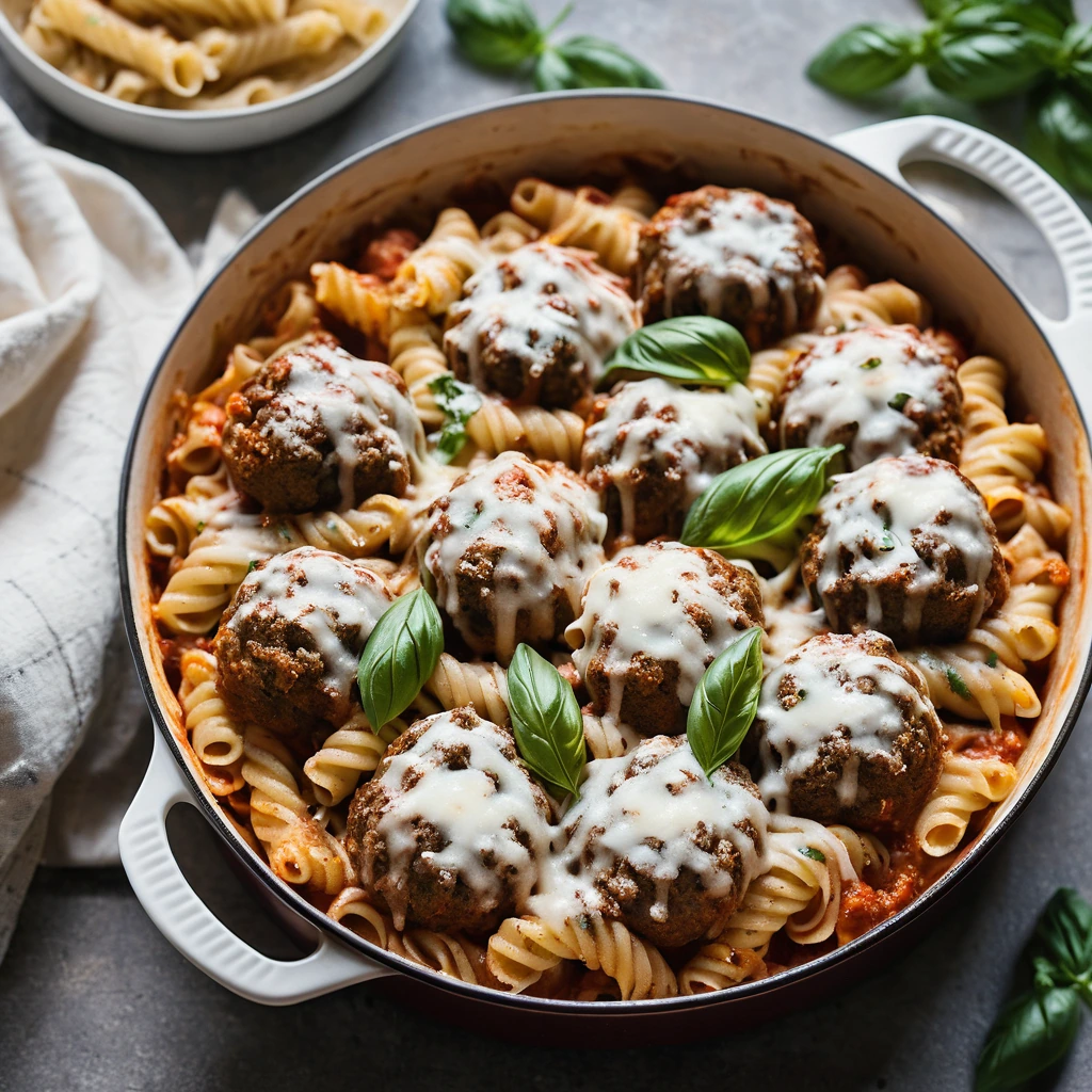 A casserole dish of pasta bake with melted mozzarella on top, golden brown and bubbly, served with meatballs nestled in tomato sauce.