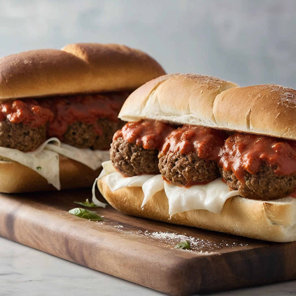 Melted mozzarella over meatballs and marinara in a toasted sub roll, golden brown crust visible.