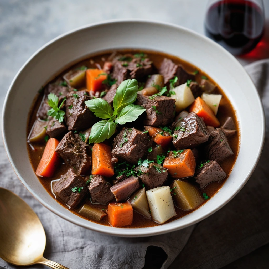 Steaming bowl of beef stew with chunks of beef and vegetables in a rich brown sauce, garnished with fresh parsley.