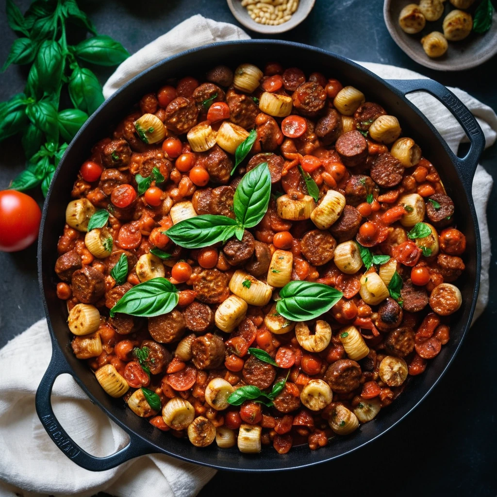 golden gnocchi with browned Italian sausage in a vibrant red tomato sauce in a skillet