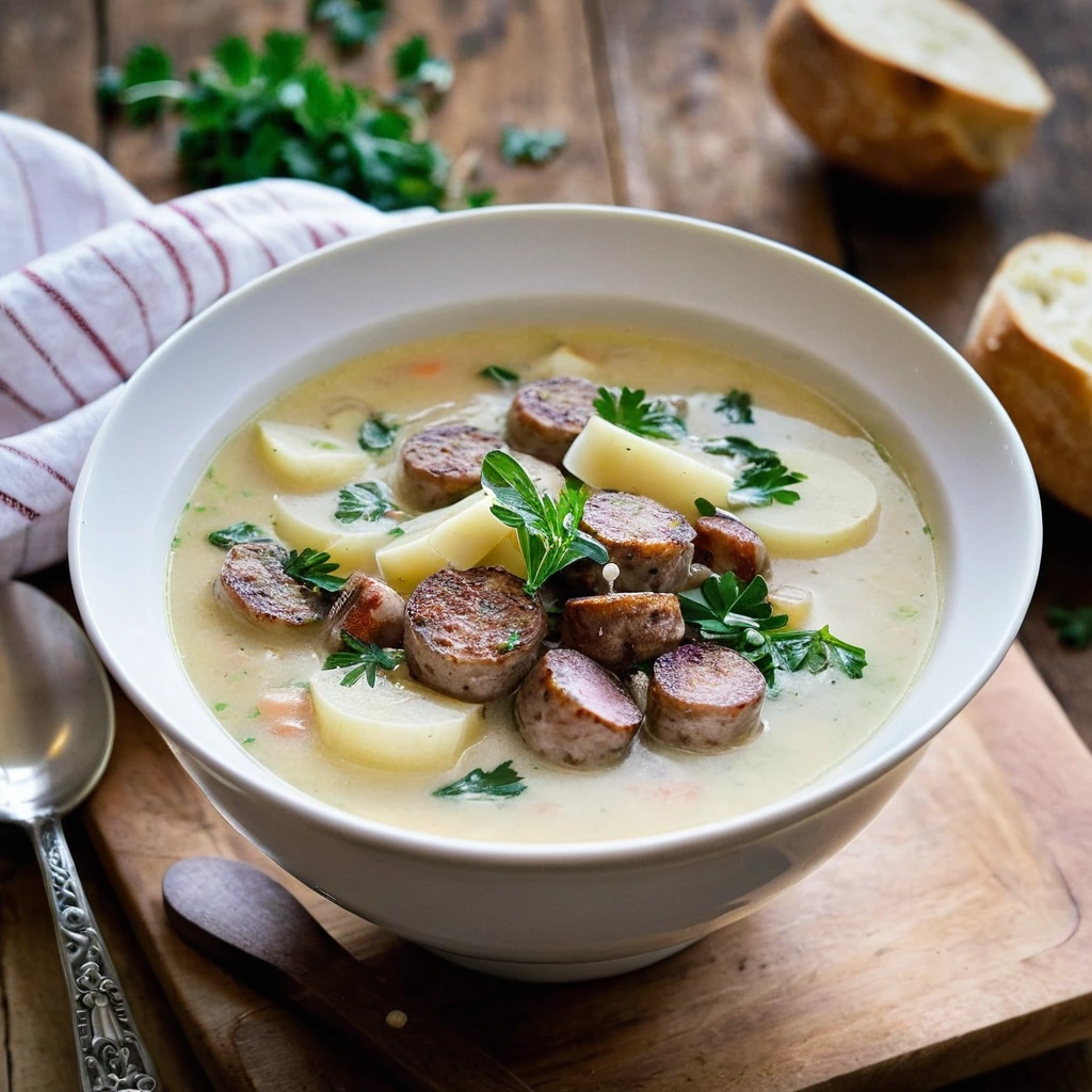 A plated serving of Italian Sausage and Potato Soup