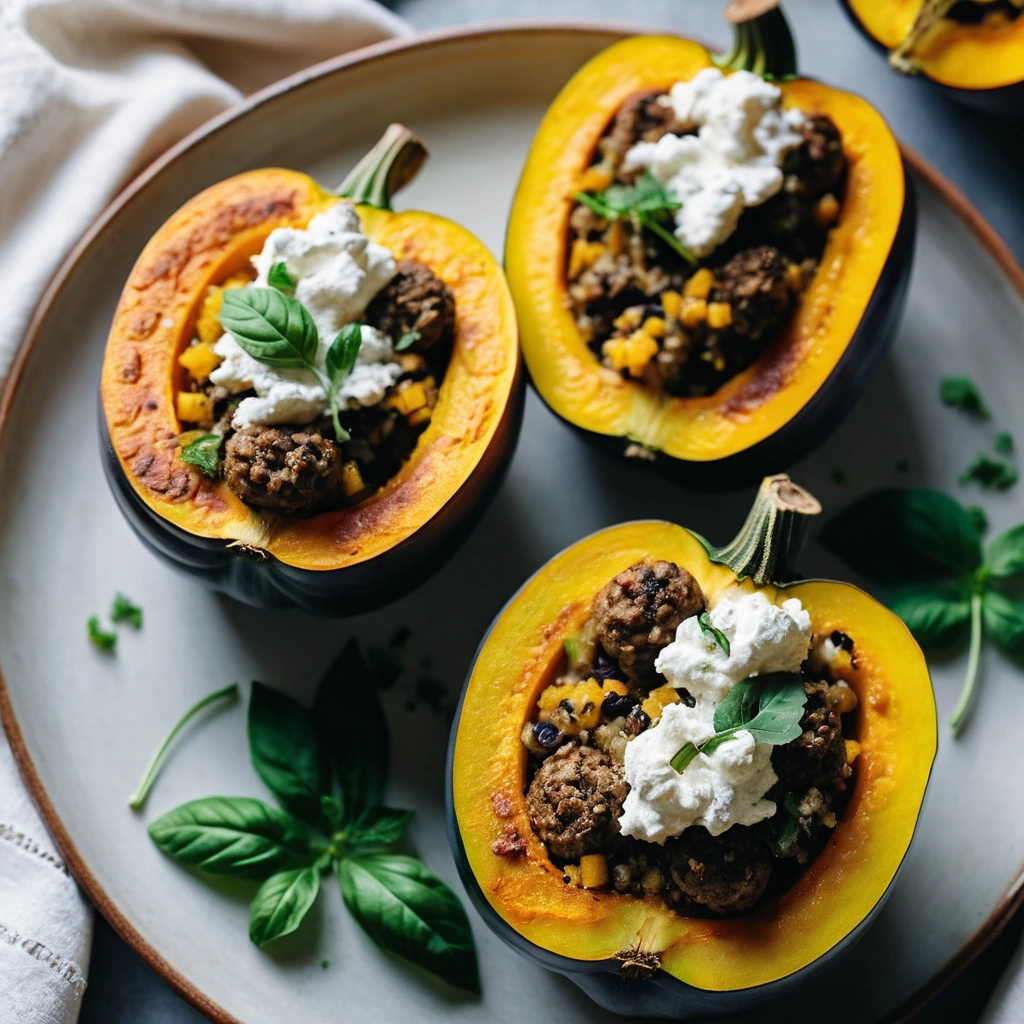 Two halves of roasted acorn squash filled with golden Italian sausage and creamy ricotta, sprinkled with fresh parsley.