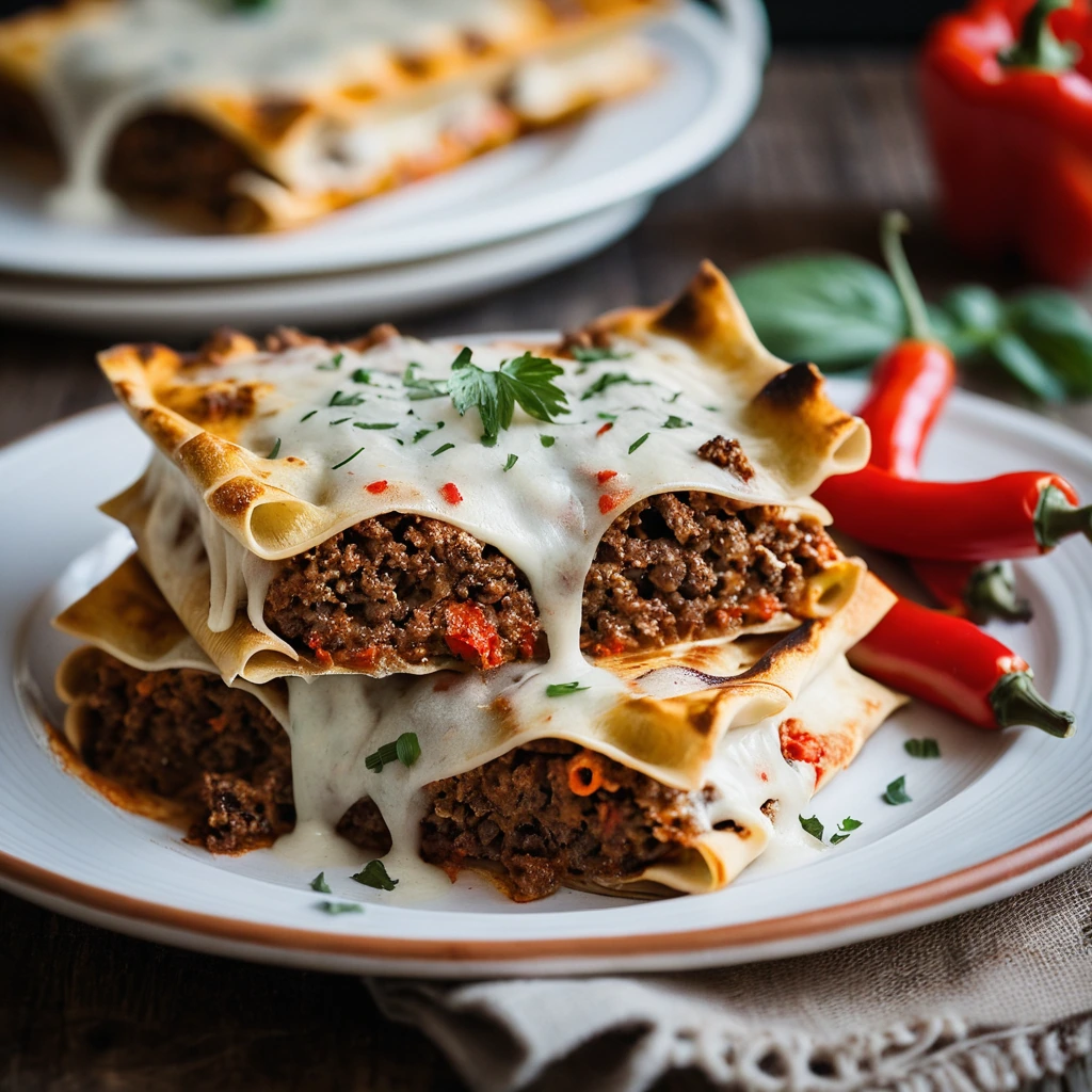 Golden lasagna slices with melted cheese and flecks of red pepper, served on a rustic wooden board.