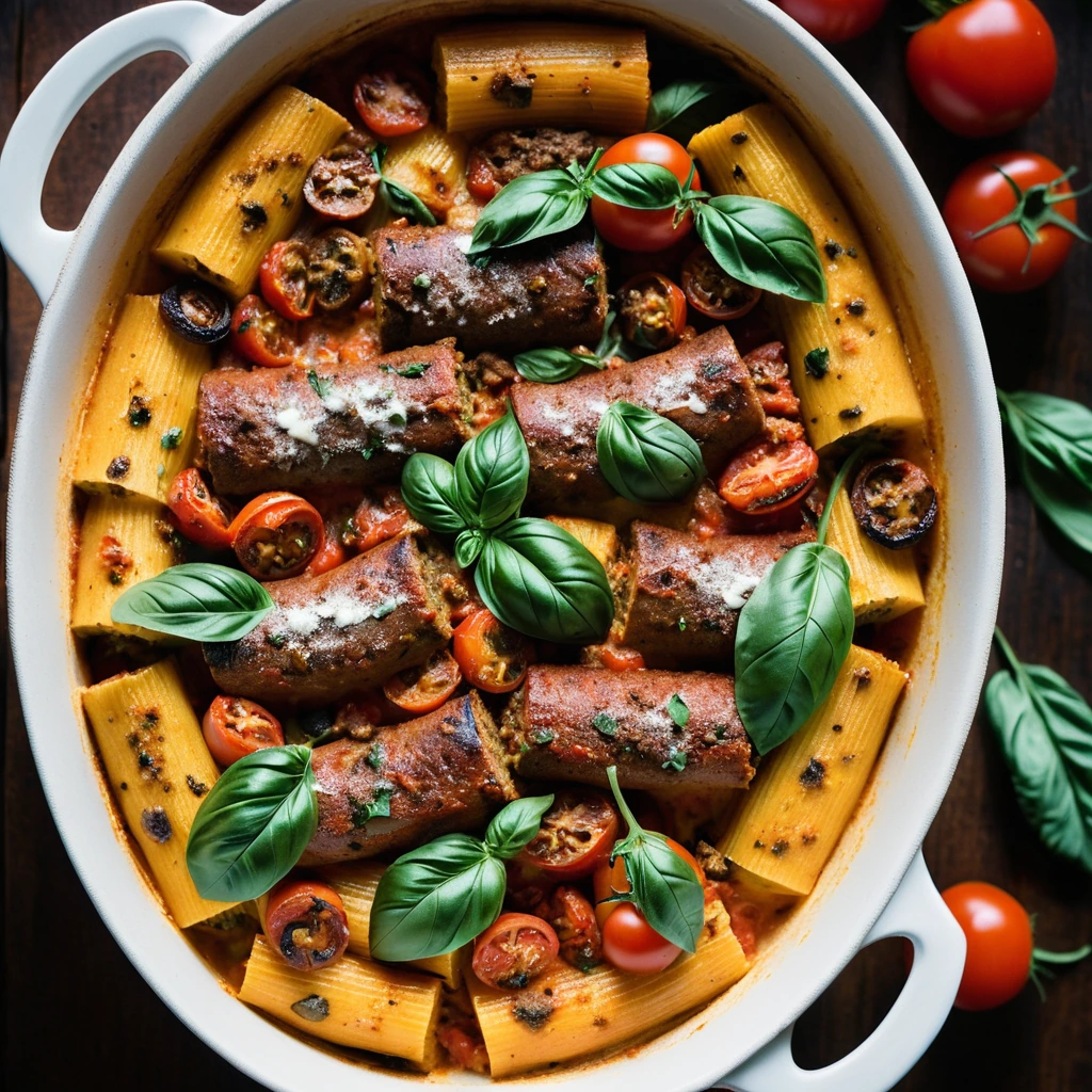 Golden casserole with creamy polenta topped with Italian sausage and red roasted tomatoes in a baking dish.