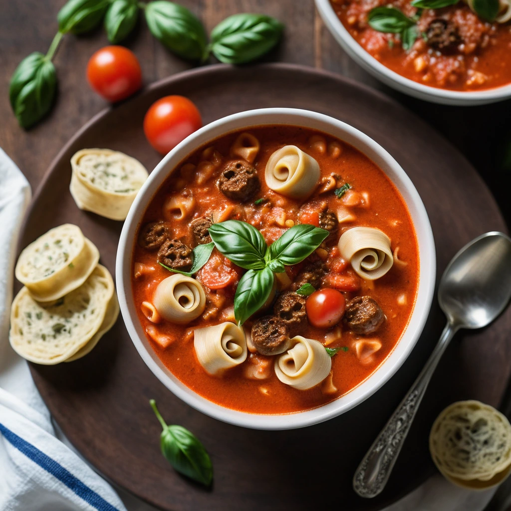 Bowl of creamy tomato soup with chunks of Italian sausage and cheese-filled tortellini, garnished with fresh basil.