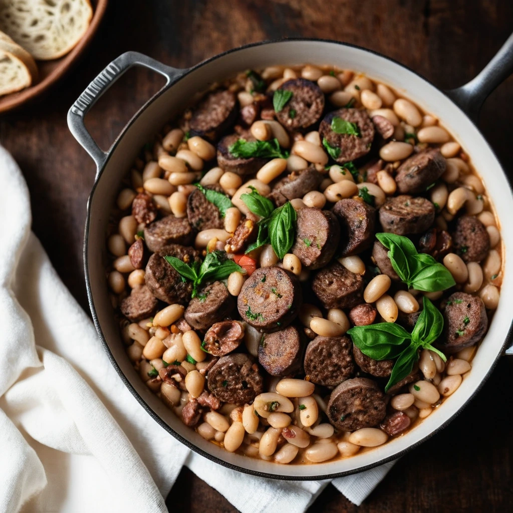A rustic skillet with browned Italian sausage, white beans, and diced tomatoes served in a warm, golden-brown sauce.