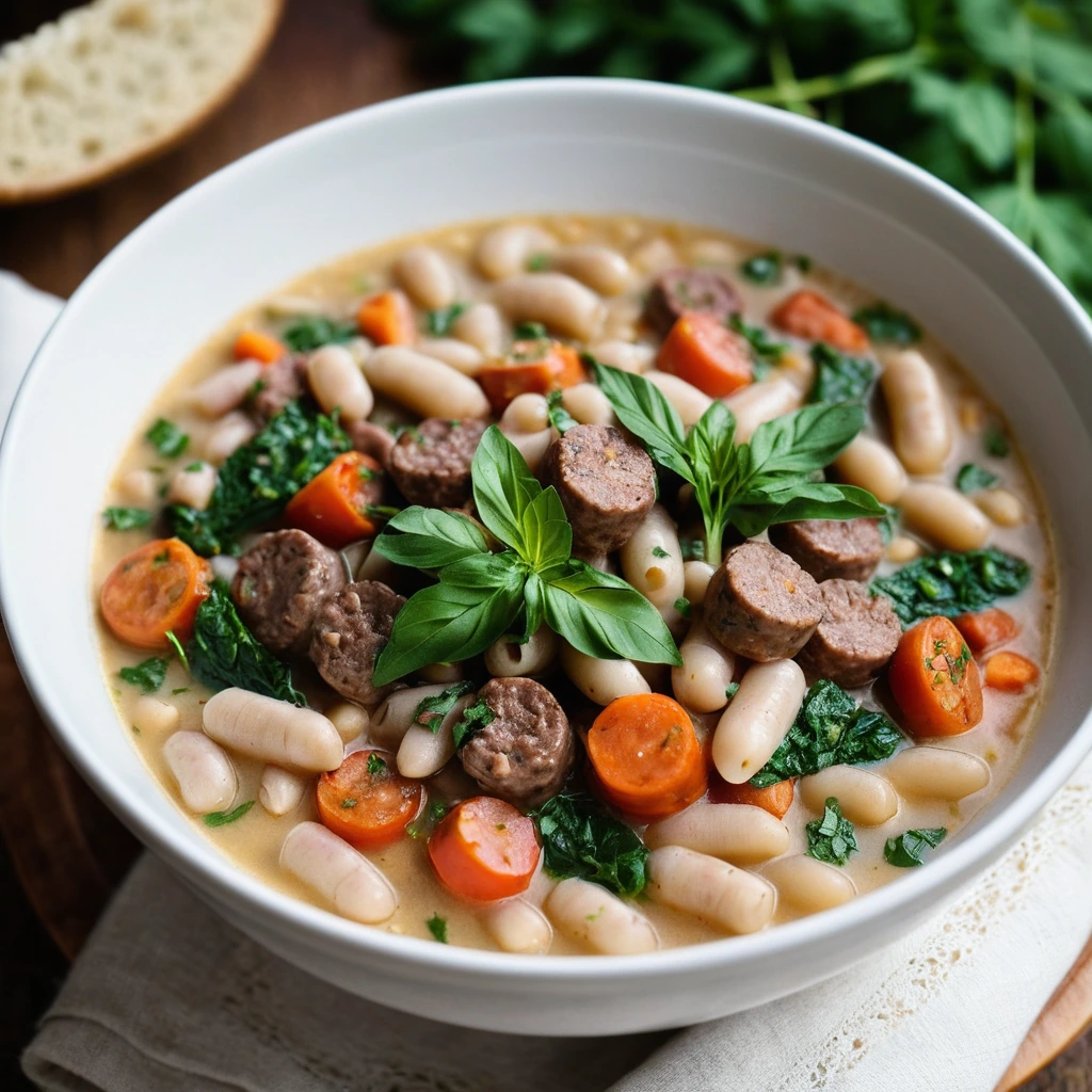 A rustic bowl of creamy white beans, Italian sausage slices, and vegetables in a rich golden broth, garnished with fresh parsley.