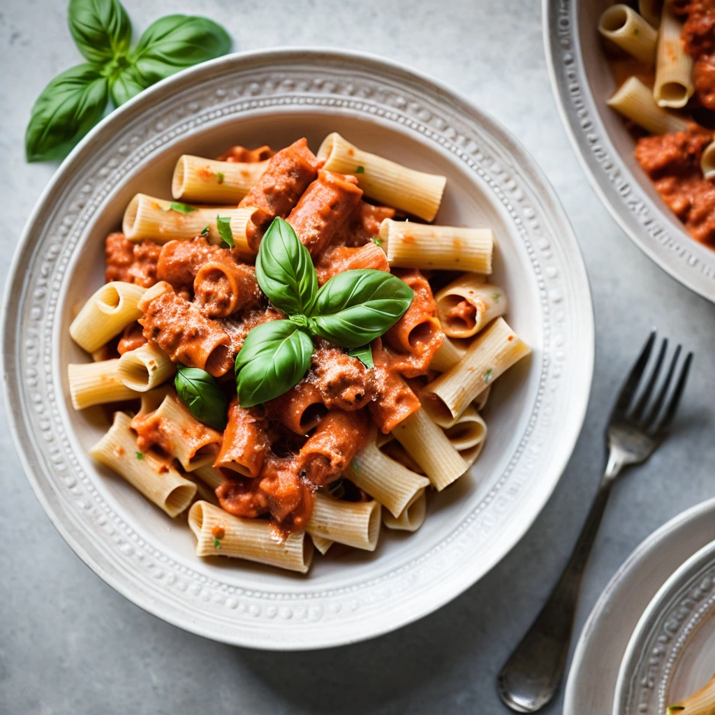 Bowl of rigatoni pasta in a creamy tomato sauce with Italian sausage, topped with fresh basil