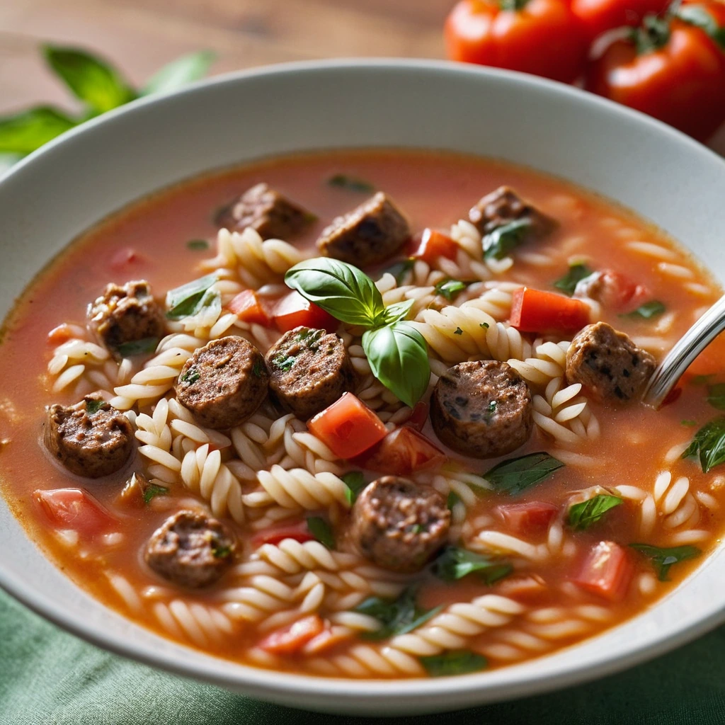 A steaming bowl of golden orzo pasta with chunks of Italian sausage and diced tomatoes, dusted with fresh basil.