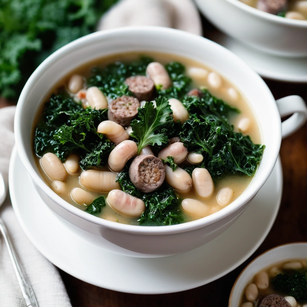 Bowl of vibrant green kale and white beans with Italian sausage in a rich broth, garnished with fresh parsley.